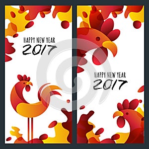 New Year 2017. Set of greeting card, poster, banner with red rooster symbol of 2017.