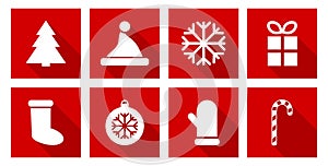 New Year set, white icons on red background, vector