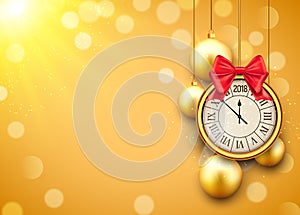 2018 new year shining background with clock. Happy new year 2018 celebration decoration golden balls poster, festive card template