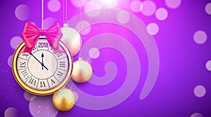 2018 new year shining background with clock. Happy new year 2018 celebration decoration golden balls poster, festive card template photo