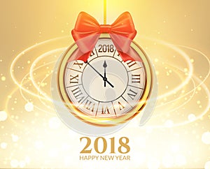 2018 new year shining background with clock. Happy new year 2018 celebration decoration golden balls poster, festive card template