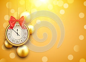 2018 new year shining background with clock. Happy new year 2018 celebration decoration golden balls poster, festive card template photo