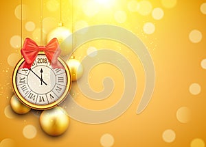 2018 new year shining background with clock. Happy new year 2018 celebration decoration golden balls poster, festive card template