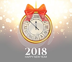 2018 new year shining background with clock. Happy new year 2018 celebration decoration golden balls poster, festive card template