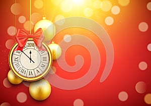 2018 new year shining background with clock. Happy new year 2018 celebration decoration golden balls poster, festive card template