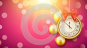 2018 new year shining background with clock. Happy new year 2018 celebration decoration golden balls poster, festive card template photo