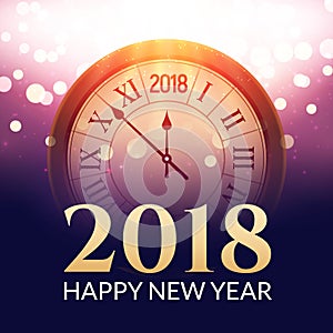 2018 new year shining background with clock. Happy new year 2018 celebration decoration poster, festive card template