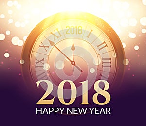 2018 new year shining background with clock. Happy new year 2018 celebration decoration poster, festive card template