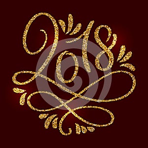 2018 New Year. Shiny Lettering Golden Composition on claret background. Hand drawn holiday Calligraphy Vector