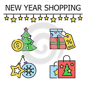 New year shopping color line icons set. Pictograms for web page, mobile app, promo,