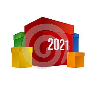 New year shopping. Colorful present boxes with numbers 2021.