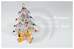 New year sign with christmas tree toy on white background. Happy new year card