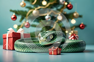 New Year snake with gifts under the Christmas tree, New Year card