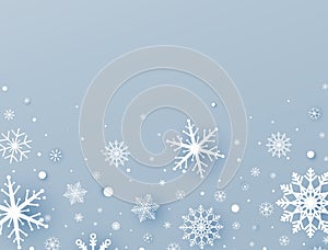 New Year snowflakes border. Celebration party background. Christmas decoration with white paper cut snowflakes and
