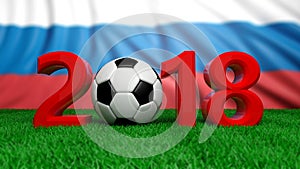 New year 2018 with soccer football ball on green field, Russia flag background. 3d illustration