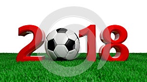 New year 2018 with soccer football ball on green field, white background. 3d illustration