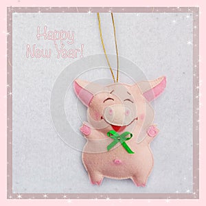 New year. Soft toy made of felt. The cute pig. Christmas tree decoration. Symbol of year. 2019.