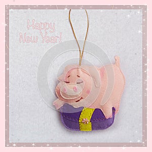 New year. Soft toy made of felt. The cute pig. Piggy`s holding a present. Christmas tree decoration. Symbol of year. 2019.
