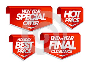 New year special offer, hot price, holiday best price, end of year final clearance sale tags. photo