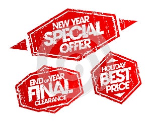 New year special offer stamp, end of year final clearance stamp, holiday best price stamp.