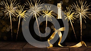 New Year Sylvester festive holiday New Year\'s Eve greeting card background - Champagne or sparkling wine bottle with