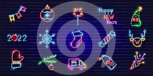 New year symbols neon set. Glowing icons. New Year and Christmas concept. Vector illustration for design