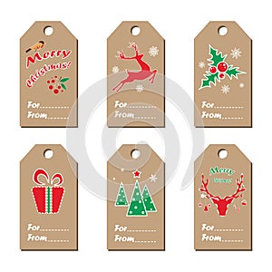 New Year tags. Collection of kraft-paper tags with New Year`s symbols. Vector illustration in english photo