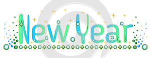 New Year text banner. Happy New Year greeting. Festival wordart label. Colorstones and stars vector design. Holidays sticker.