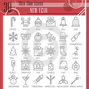 New Year thin line icon set, christmas symbols collection, vector sketches, logo illustrations, winter signs linear