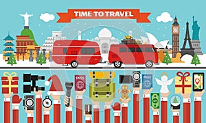 New Year time to travel design flat with red microbus, trailer camping, around the world