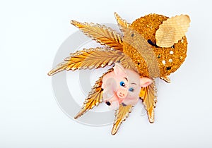 New year toy gold apple leaf pig white background