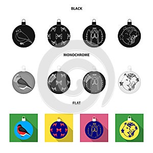New Year Toys black, flat, monochrome icons in set collection for design.Christmas balls for a treevector symbol stock