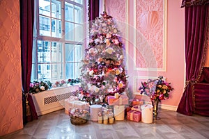 New Year tree decorated in pink toys