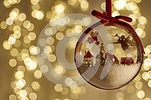 New Year tree decorations on bokeh background.