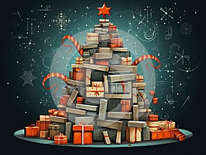 New Year tree with decorations and gifts on green background