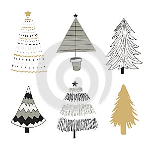 New year tree hand drawn collection. Comic unique Christmas set. Vector illustration