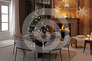 New year tree in scandinavian style interior with christmas decoration.