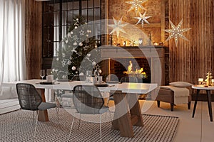 New year tree in scandinavian style interior with christmas decoration.