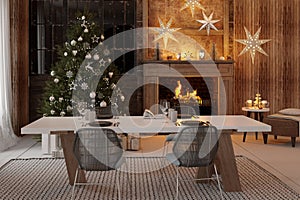 New year tree in scandinavian style interior with christmas decoration.