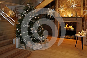 New year tree in scandinavian style interior with christmas decoration.