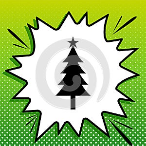 New year tree sign. Black Icon on white popart Splash at green background with white spots. Illustration