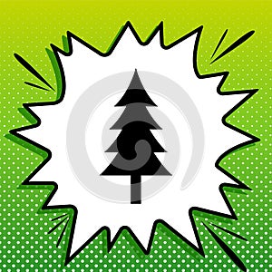 New year tree sign. Black Icon on white popart Splash at green background with white spots. Illustration