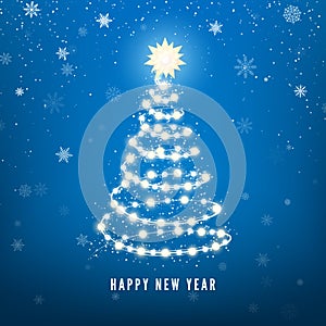 New Year Tree silhouette made of Christmas lights on blue background. Magic Chistmas snowfall background. Vector illustration photo