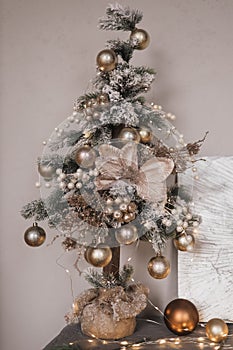 New Year tree with silver balls and bows. New Year's and Christmas.