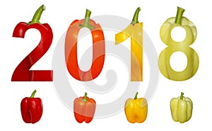 2018 New Year. Two thousand eighteen. Holidays. Numbers are made of colorful sweet pepper paprika isolated on a white