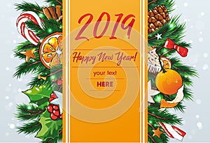 New Year vector Background with sweets and fir