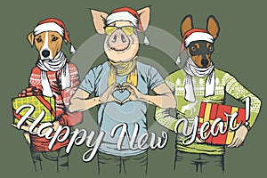 New Year vector concept Pig and two Dogs