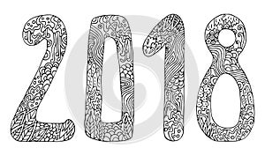 New year vector cute doodles hand drawn sign cartoon style with numbers 2018 on winter holiday background.