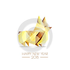 New Year 2018. Vector greeting card, poster, banner with golden luxury low poly dog symbol. Gold welsh corgi pembroke.