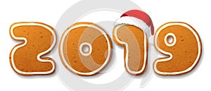 New Year, vector inscription 2019 in shape of Christmas gingerbreads, decorated white icing